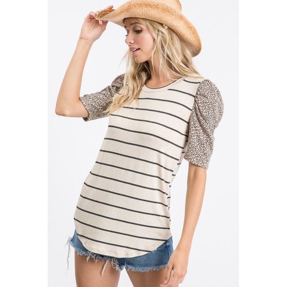 Striped and Leopard Print Sleeve Top - Picture 3 of 7